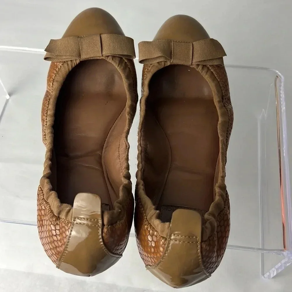 Tory Burch Leather/Fabric Bow Accent Ballet Slip-On Flats Brown Tan Size 9M